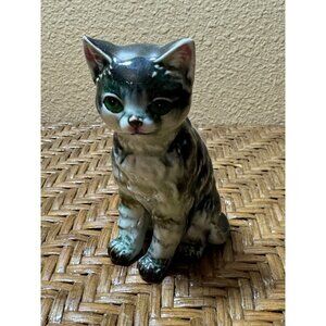 Vintage Japanese Nippon Yoko Boeki Ceramic Cat Figurine With Green Eyes 1940"s